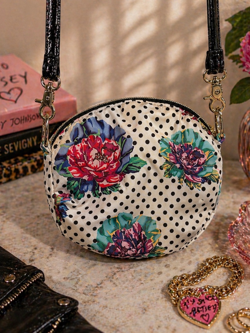 Betsey Johnson Floral Polka Dot Crossbody Bag Mini Purse Y2K Glam - Picture 2 of 5